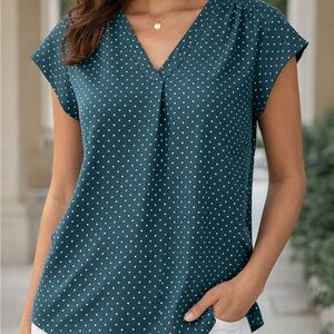 Fun 2 Fun Emerald Polka Dot V-Neck Blouse